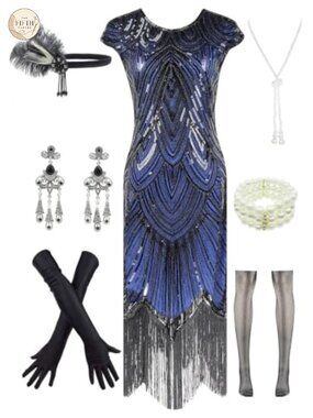 Vintage Lace Fringed Gatsby 1920s Cocktail Dress 20s Accessories Set